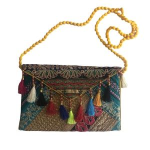 Vintage Banjara Embroidered Clutch - Handmade Boho Crossbody Bag with Tassels